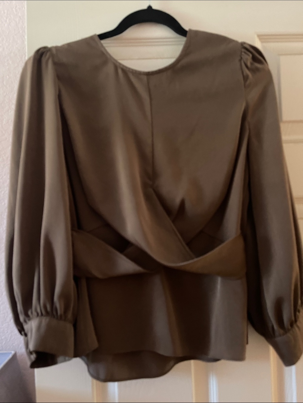 Express Olive Draped Twist-Front Puff Sleeve Blouse